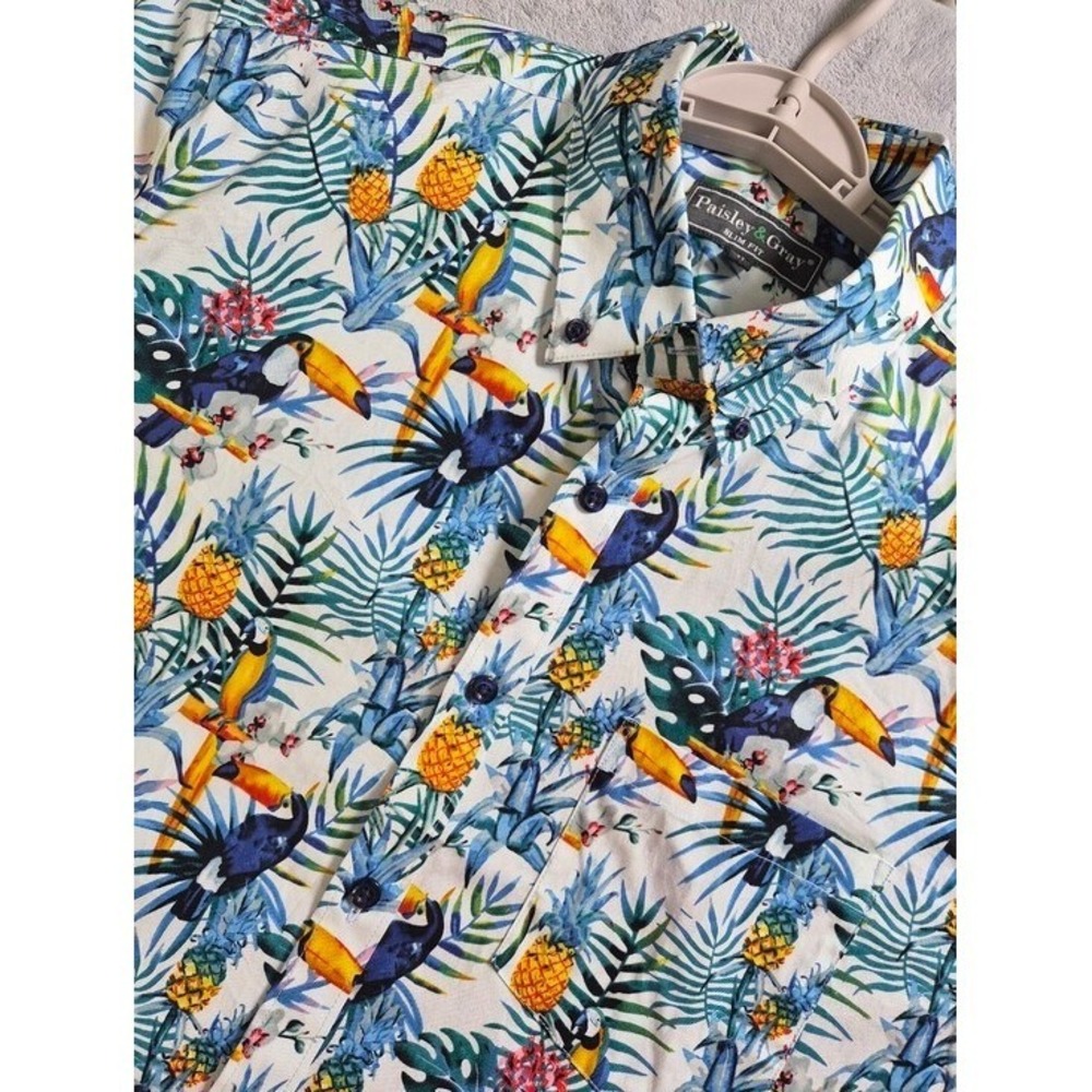 Paisley & Gray Button Down Shirt Mens Large White Tropical Toucan Pineapple Slim